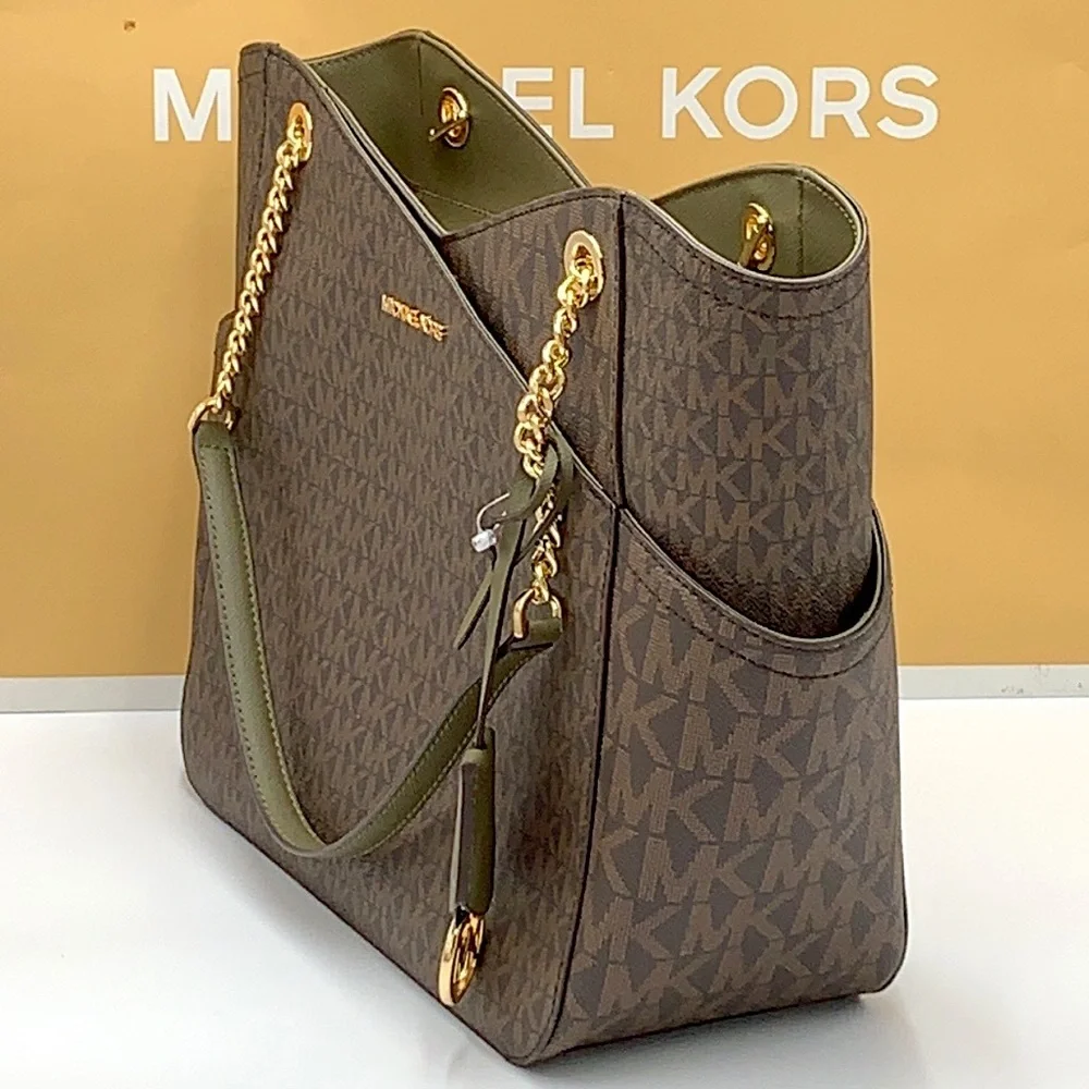 MICHAEL KORS Jet Set Large XChain Logo Shoulder Tote Bag OLIVE/BROWN COLOR